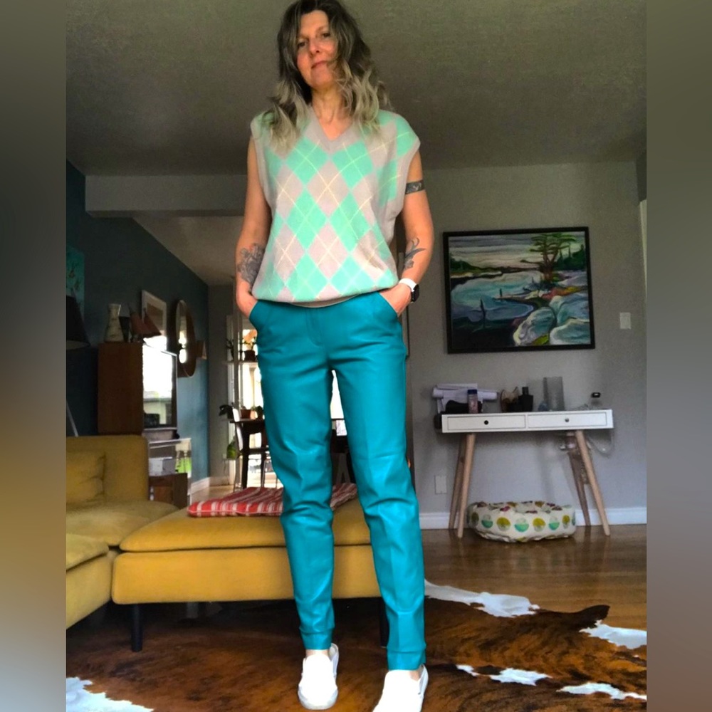 Cool teal vintage leather jeans with slash pockets
